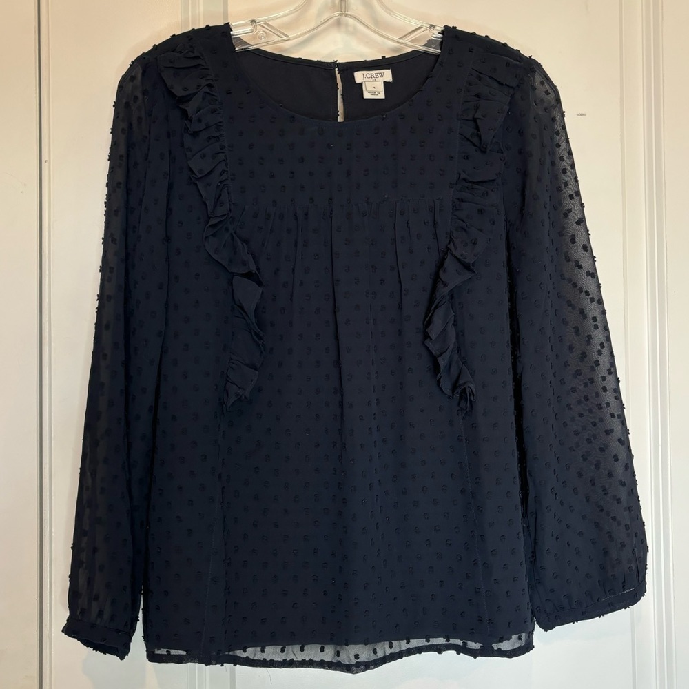 J. Crew Factory Navy Blue Swiss Clipped Dot Ruffle Sheer Sleeve Blouse 4